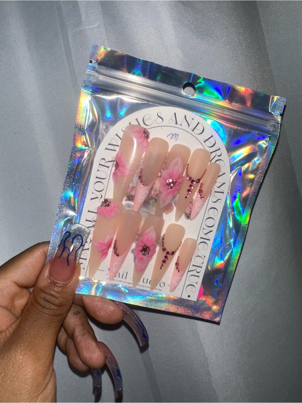 Pink Floral Press-On Nail Set with Pink Rhinestone Accents
